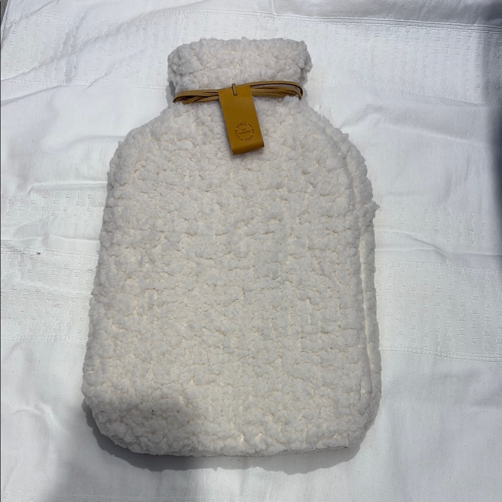 White Fleece Hot Water Bottle Cover with Tan Strap